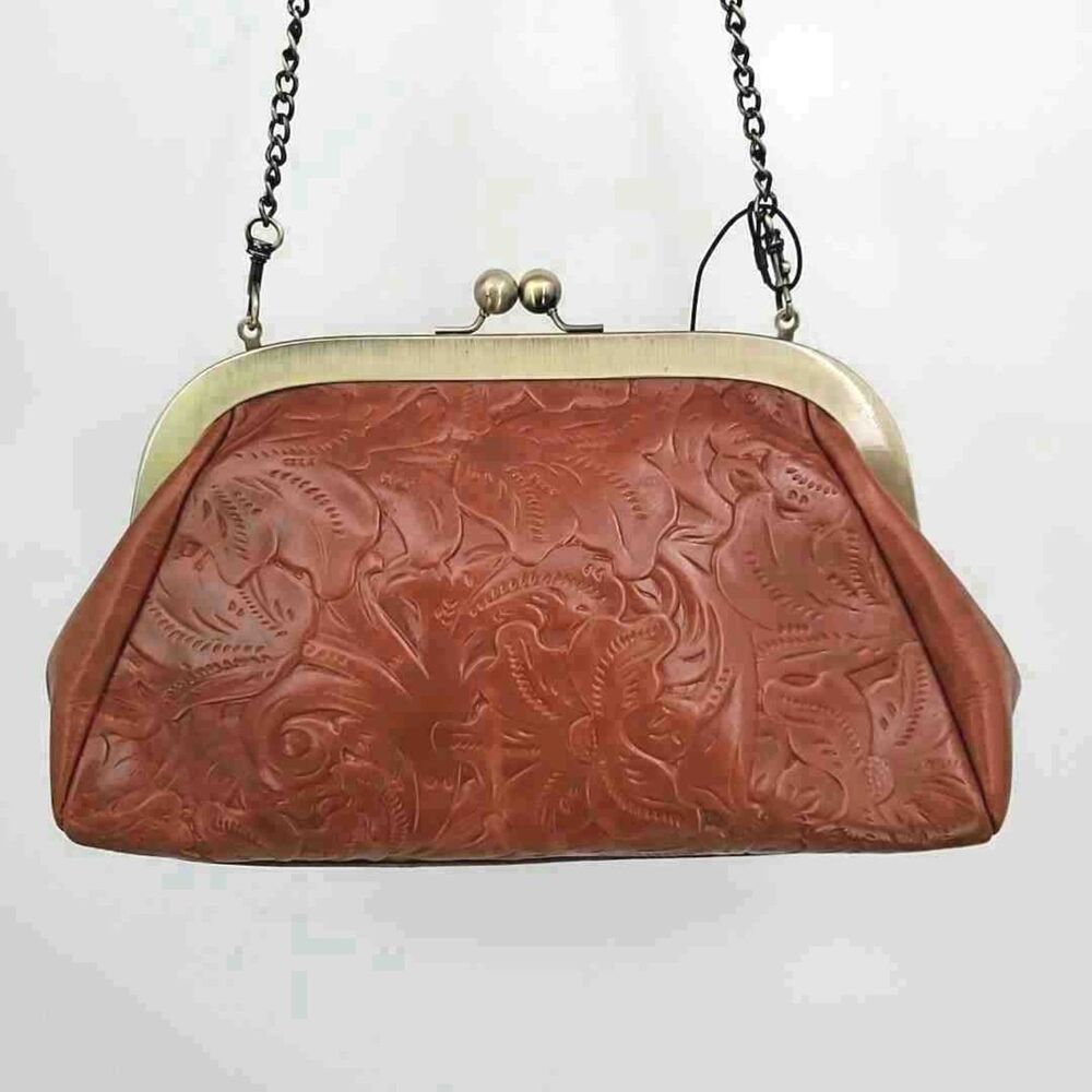 PATRICIA NASH Brown Embossed leather Floral Coin-lock Bag Chain Strap Purse